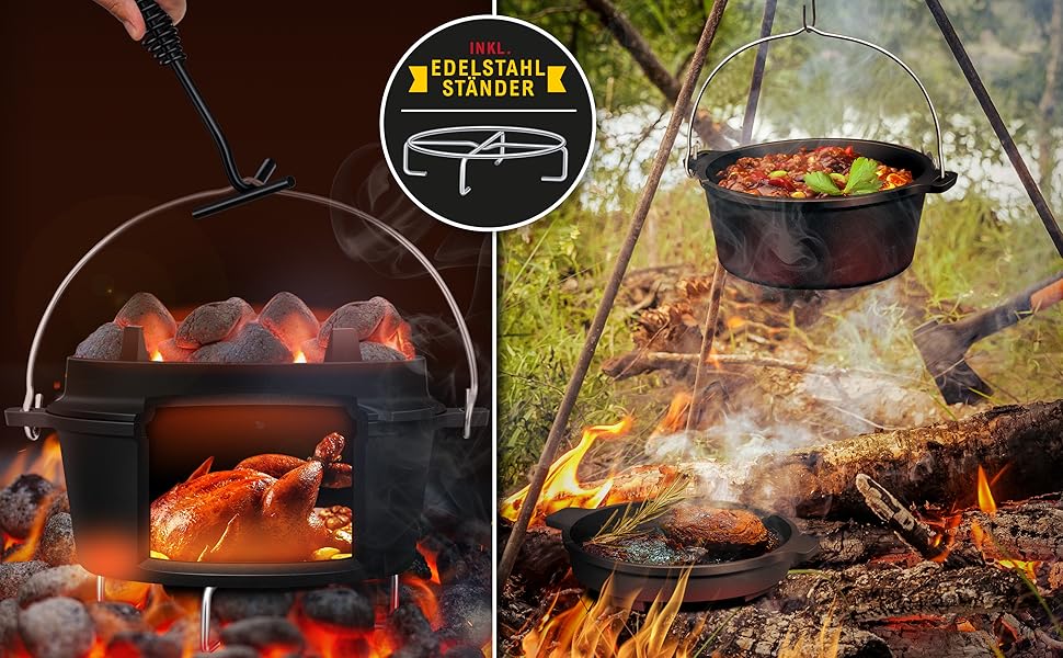 Набір чавунного казана KESSER Dutch Oven 7,3 л для барбекю та гриля, казан з кришкою, підставкою з нержавіючої сталі та ручкою-підйомником, для використання на вулиці та вдома