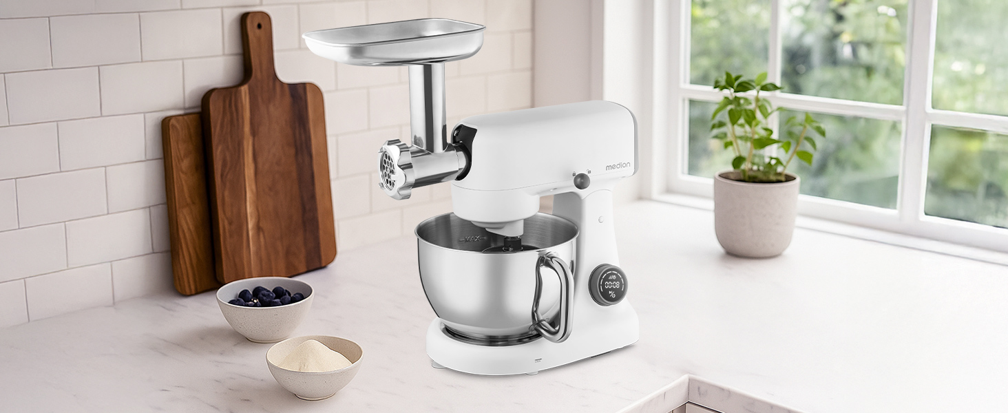 Кухонна машина MEDION MD 12600 з м'ясорубкою, 4.6 л чаша з нержавіючої сталі, тихий двигун, 800 Вт, набір насадок для натирання, шинкування та нарізання, сенсорний дисплей, міксер, тістоміс