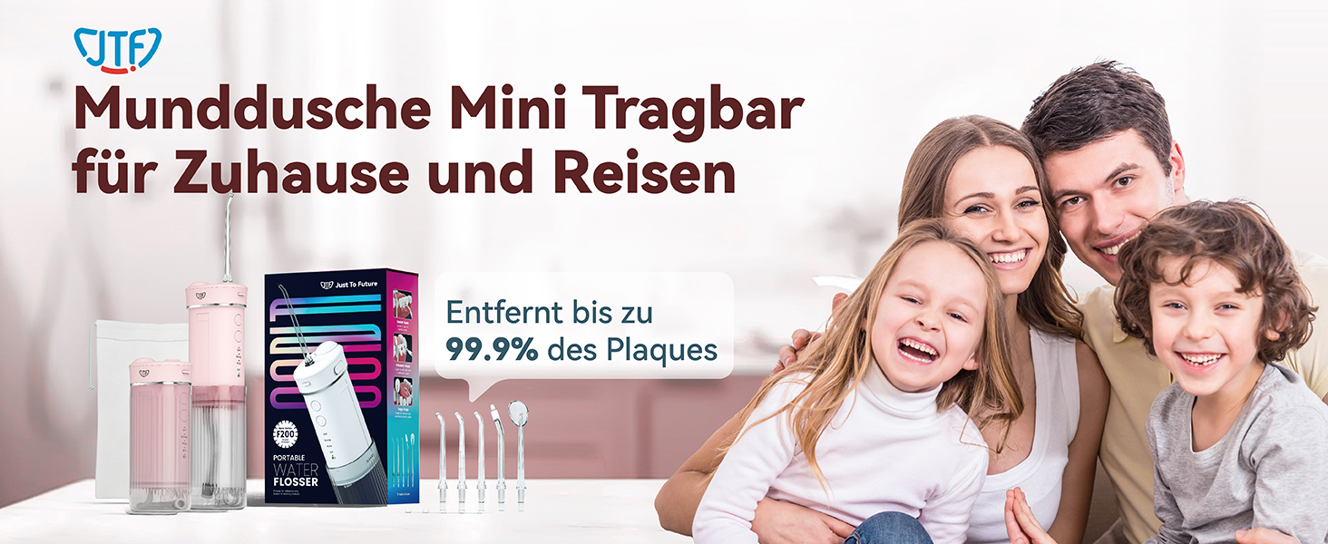 Портативний електричний іригатор для порожнини рота JTF Mini, бездротовий, для подорожей, з 5 насадками, 4 режими, 230 мл, водонепроникний (IPX7), рожевий