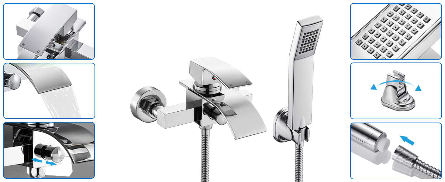 Набір для ванни з водоспадом: змішувач, душова лійка, шланг, кріплення для стіни (хром)