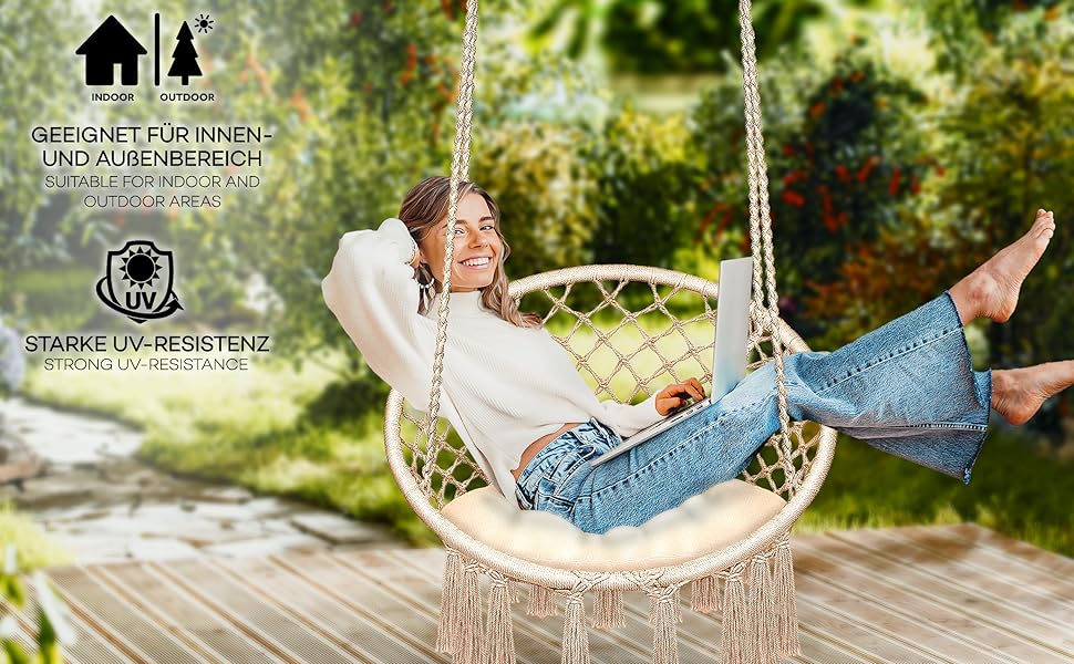 Крісло-гойдалка Tillvex для дому та саду | Міцний плетений гамак на 200 кг | З подушкою, бежевий | Для відпочинку на свіжому повітрі