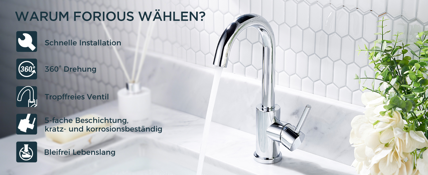 Змішувач для ванної кімнати FORIOUS Hoch 360° з нержавіючої сталі, з підйомним виливом, для кухні/ванної кімнати, з підключенням до гарячої/холодної води, монтаж простий, висота виливу 175 мм, полірована сталь