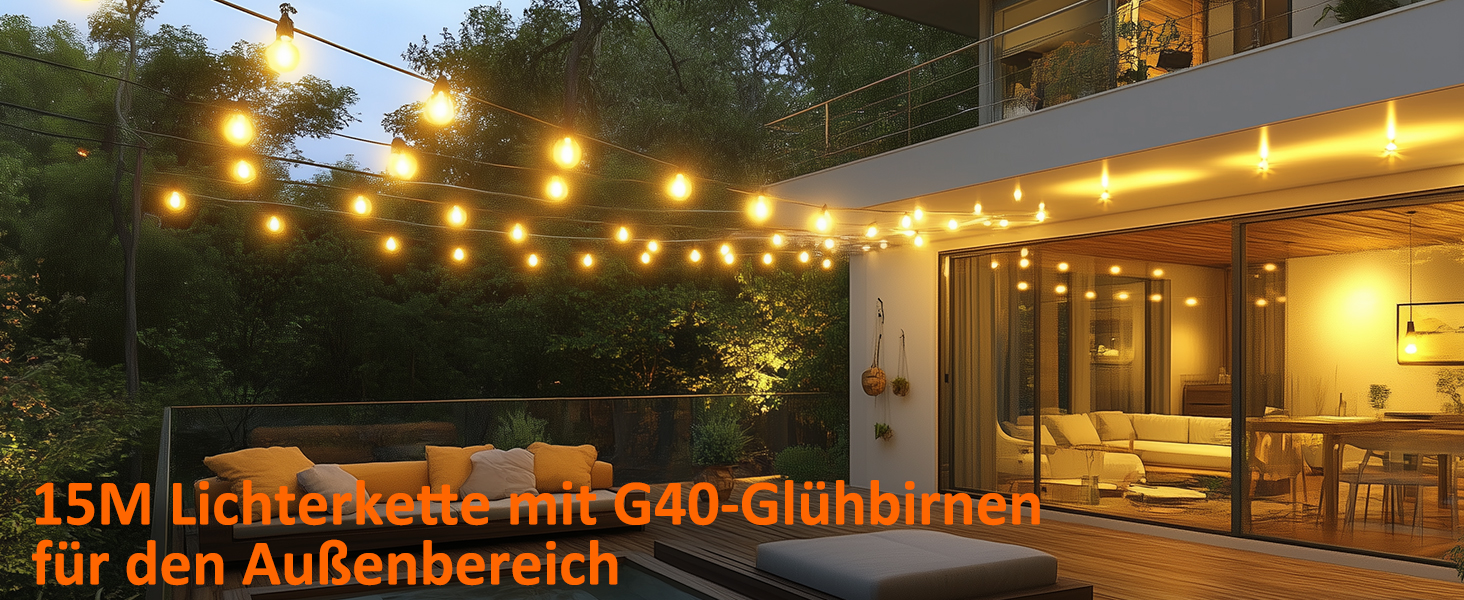 Ланцюжок прикрас для зовнішнього використання з таймером, 15 м LED-ланцюжок живлення на вулиці з 25+2 G40 лампочками, 4 режими та регульована яскравість. Водостійкий гірлянда для саду, балкону, тераси, вечірки, весілля (тепле біле світло)