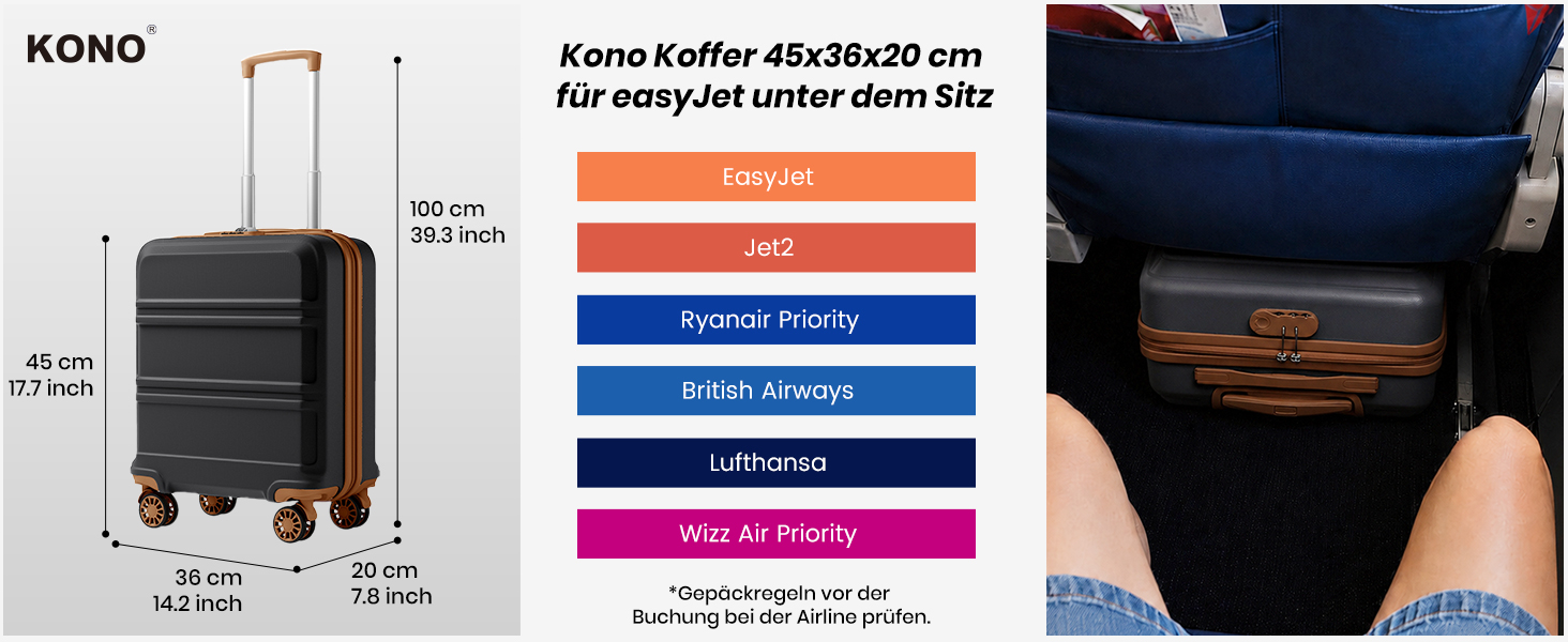 Валіза для ручної поклажі KONO (ABS+PC), жорстка Kabinenkoffer 52x38x21 см для Lufthansa, Eurowings, EasyJet, легка дорожня валіза з колесами та TSA замком, чорно-коричнева