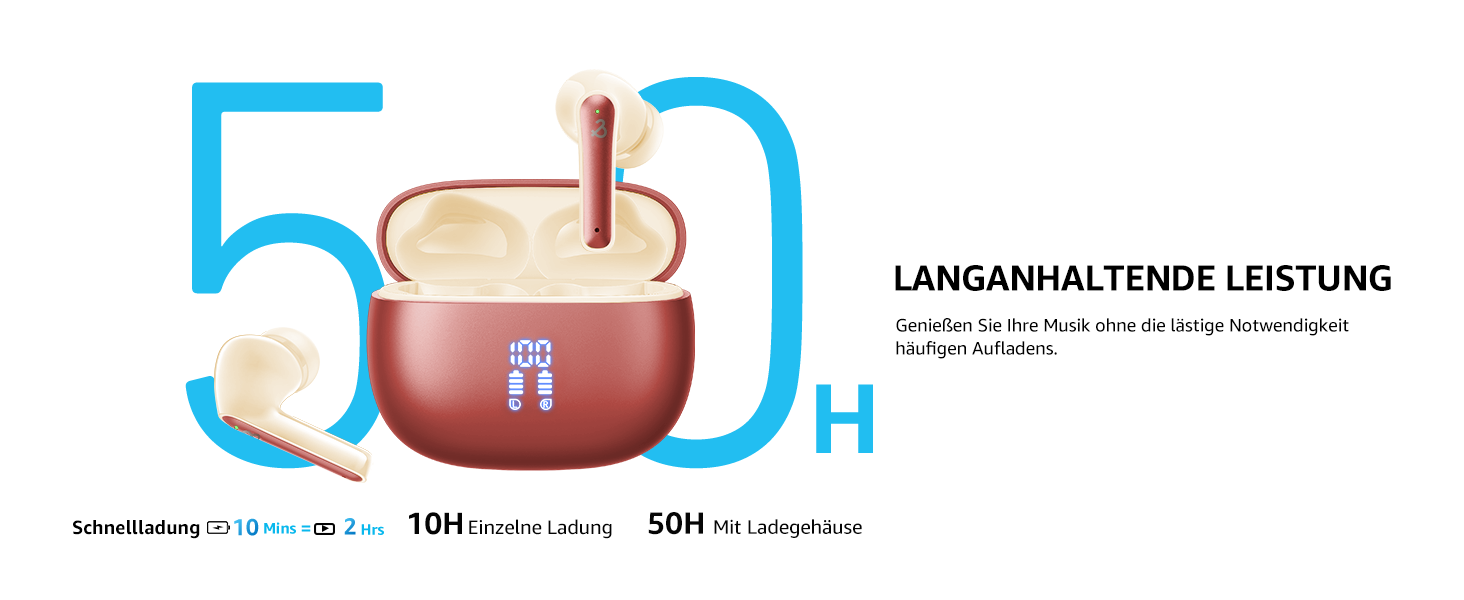 Навушники Bluetooth, бездротовий зв'язок 5.3, 6 мікрофонів ENC, HiFi Bass, 50 год, IPX8, LED-дисплей (H60, червоний)