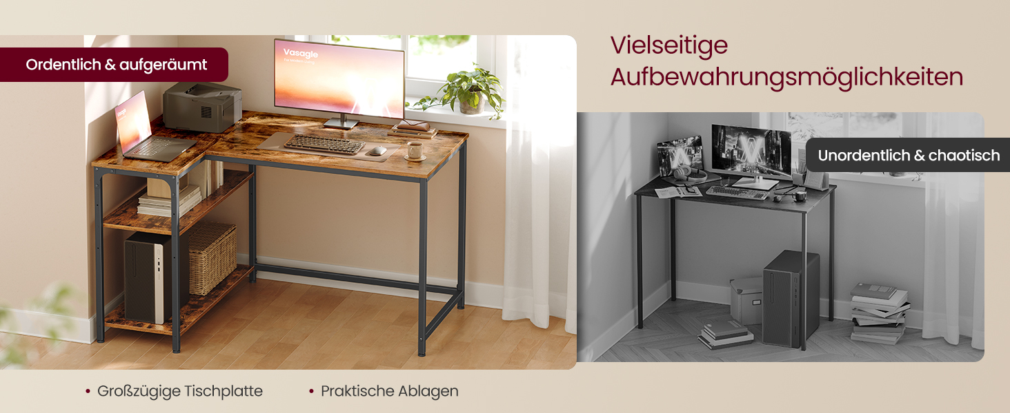 Кутовий стіл VASAGLE L-подібної форми з полицею, для офісу та дому, 110 x 80 см, vintage brown