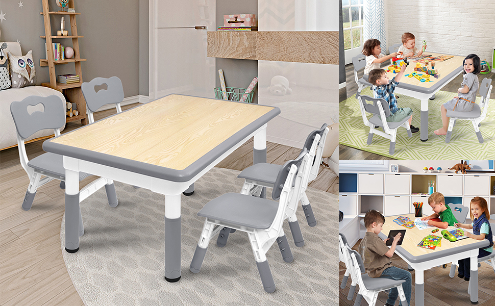 Дитячий стіл з 4 стільцями AufuN, регульована висота, комплект для дитячої кімнати, садка, класу. Легко миється, пластикові меблі (сірий)