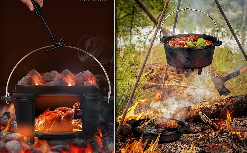 Чавунний казан KESSER Dutch Oven 7,3 л з підставкою з нержавіючої сталі та піднімачем кришки, універсальний котел для гриля, BBQ та приготування страв на відкритому повітрі та вдома