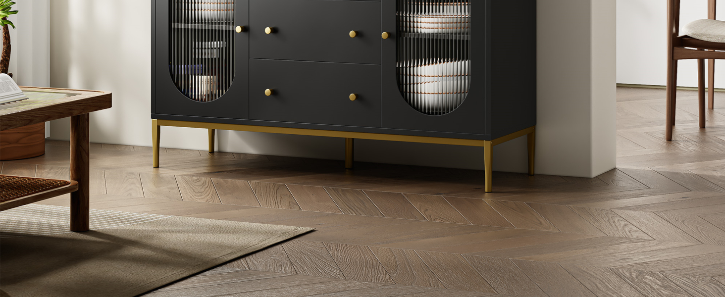 Буфет-комод FirFurd 120 см білий/чорний з робочою поверхнею та 3 ящиками | Кухонний буфет для кухні, вітальні, їдальні