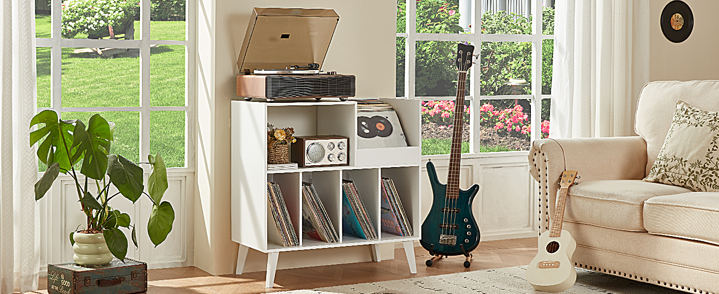 Стійка для платівок велика з полицями для зберігання, підставка для програвачів, вінілових платівок, місце для демонстрації, на 300 альбомів, для музичної кімнати та вітальні (біла)