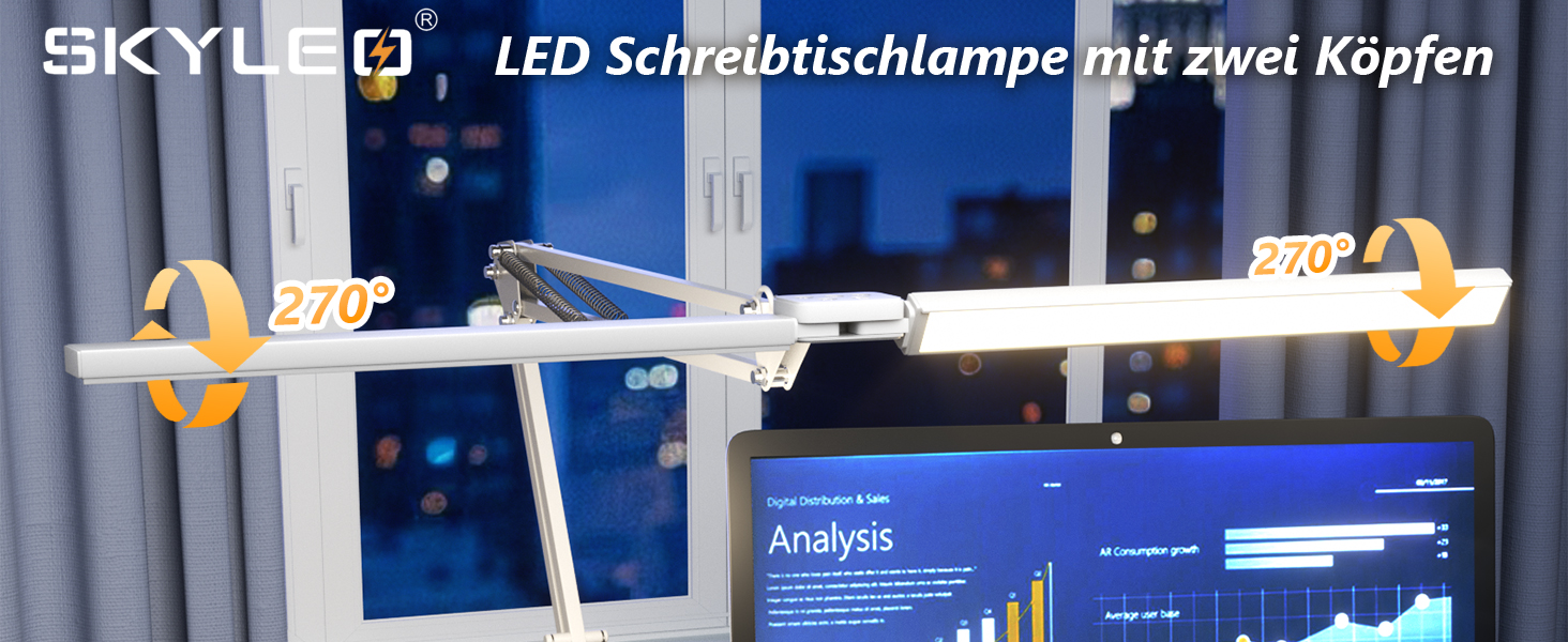 LED лампа настільна SKYLEO з двома головками, дистанційним керуванням, регулюванням яскравості, таймером, для офісу та читання, 76 см, з кріпленням