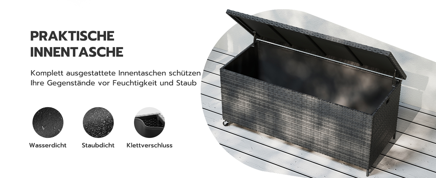 Водонепроникний садовий ящик для зберігання UDPATIO 480л з колесами, сірий 138x61 см | Ящик для подушок, стійкий до УФ-випромінювання та погодних умов для саду, балкону