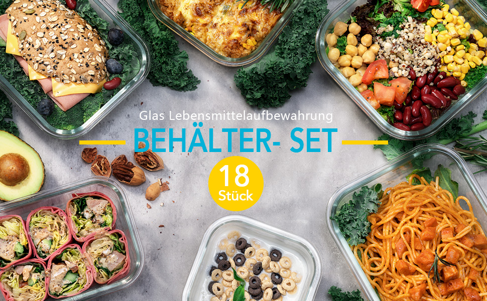 Набір контейнерів для зберігання продуктів Glas, 18 частин (9 контейнерів, 9 кришок), BPA-free, безпечні для миття в посудомийній машині, мікрохвильовій печі та морозильній камері, виготовлені з скла, блакитні
