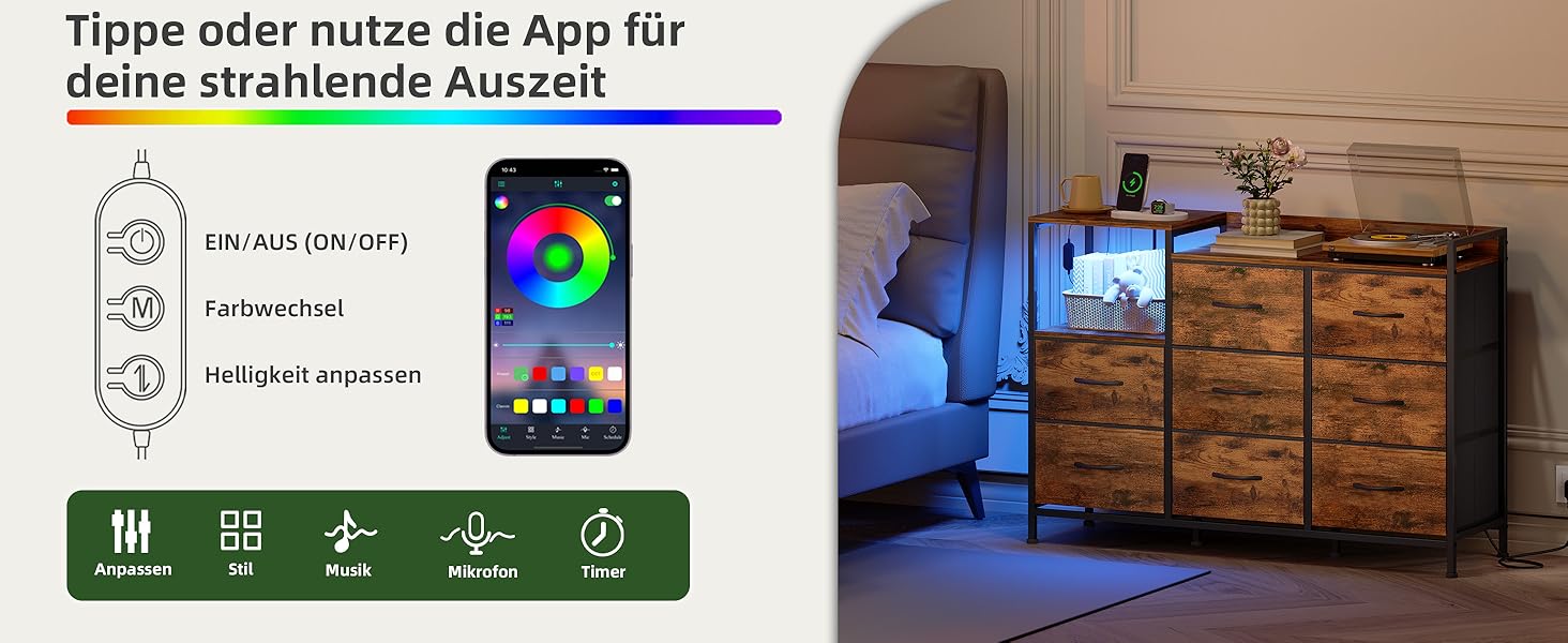 Комод Somdot для спальні, вітальні, передпокою з висувними ящиками, LED-підсвічуванням та розеткою (2 AC, 1 USB, 1 Type-C), 5 тканинних ящиків, білий, 29T x 66,5B x 70,5H см (декор під дерево, 29T x 99B x 70.5H см (8 ящиків))