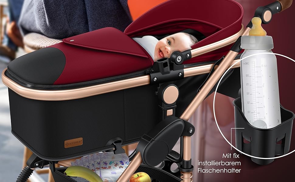KESSER® Loops - Коляска 3в1 Комбінована з люлькою, прогулянковим блоком та автокріслом. Повний комплект з ванною для новонароджених, сумкою для пеленання, дощовиком та столиком. Чорний колір. Відповідає стандарту ECE R129.