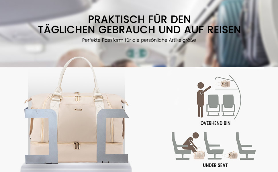 Спортивна сумка Lovevook для подорожей: жіноча дорожня сумка-шопер, сумка для вихідних з косметичкою, відділенням для взуття та мокрих речей, водонепроникна, 37л, бежева