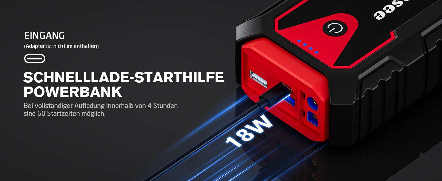 Пусковий пристрій (бустер) Povasee Starthilfe Powerbank 5000A для авто 12V, LCD-дисплей, USB-порти, для бензинових та дизельних двигунів до 10л, червоний