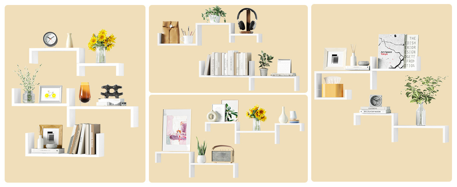 Полиця настінна SRIWATANA біла 5 шт., дерев'яна, плаваючі полиці до 40 кг, сучасна настінна дошка для декору, DIY монтаж для вітальні, ванної, спальні, офісу, кухні (білий)