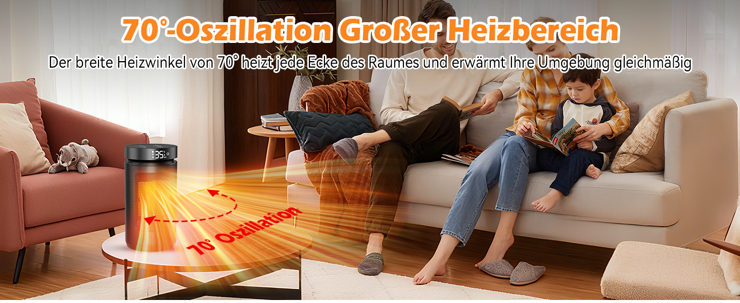 Електричний обігрівач 1500W з PTC керамічним нагрівачем, тихий (34 dB), з термостатом, таймером (12 год) та захистом від перегріву та перекидання. З пультом керування, чорний.