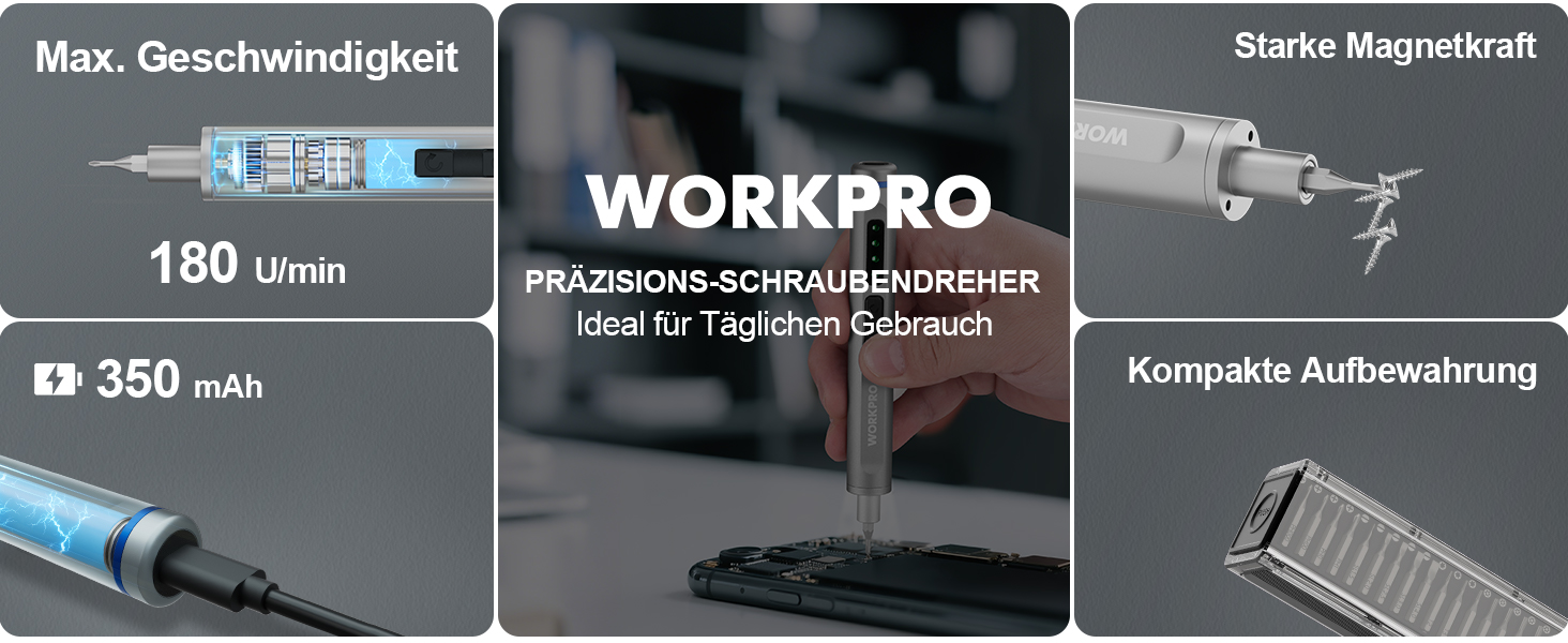 Набір викруток WORKPRO 42-в-1 з 36 бітами S2, магнітний кейс, Type-C зарядка, для точного ремонту телефонів, годинників, камер