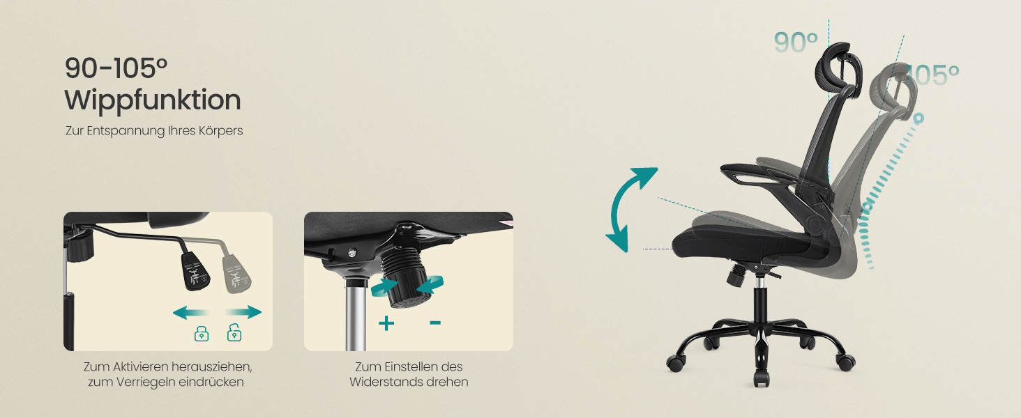 Офісний стіл SONGMICS з ергономічним дизайном, поворотне крісло з сітчастою спинкою, підтримка попереку, функція гойдання, сидіння 53 см, відкидні підлокітники, для роботи та спальні, студентів, OBN037R01 (без підголівника)