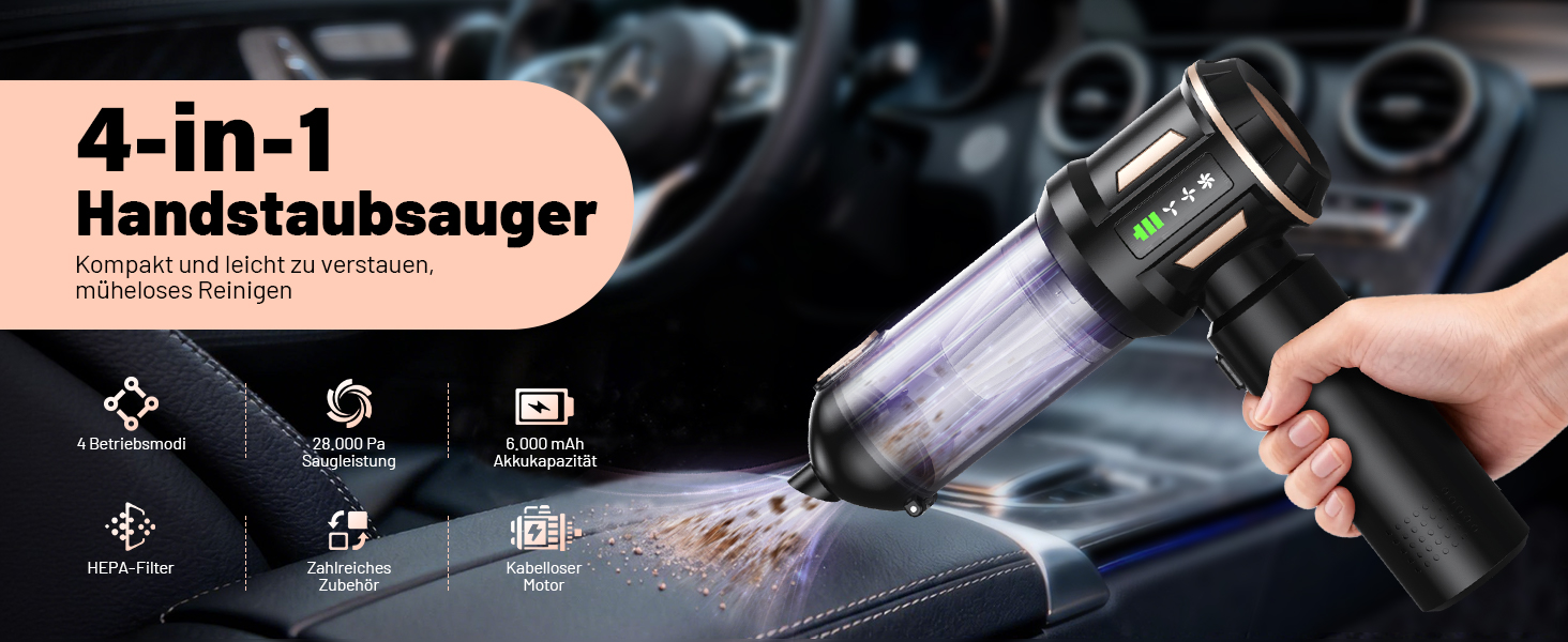 Акумуляторний ручний пилосос Handstaubsauger 28000Па, бездротовий автомобільний пилосос 4-в-1 з безщітковим двигуном та функцією самоочищення, для авто, дому та шерсті тварин, чорний