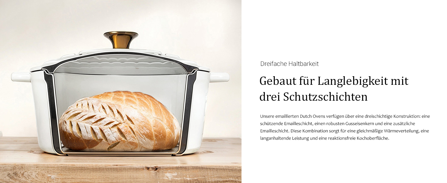 Чавунна каструля-гульяш Overmont з емалевим покриттям, 26 см, 5.2 л, перламутрово-біла, з кришкою та кулінарною книгою, підходить для духовки