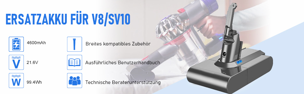 Змінна батарея Dyson V8 SV10 21,6 В 4600 мАг, літій-іонна батарея для ручного пилососа для тварин/пухнастих/моторхедів