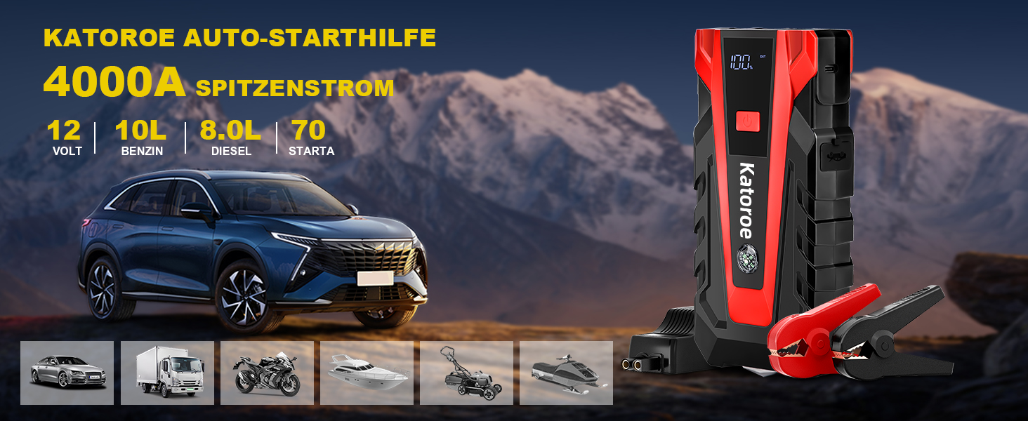 Powerbank Starthilfe 4000A: Зарядний пристрій для автомобіля, SUV та мотоцикла з LED ліхтариком. Підходить для бензинових двигунів до 9.0L та дизельних до 7.0L.