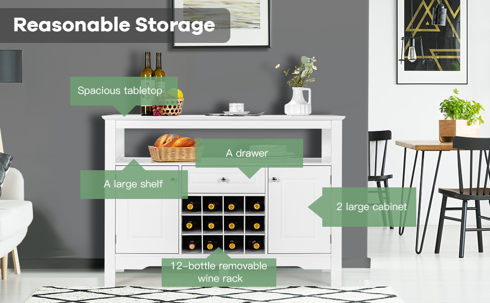 GIANTEX Буфет з полицями для вина, комод у шафу, білий, з ящиками та 2 шафами