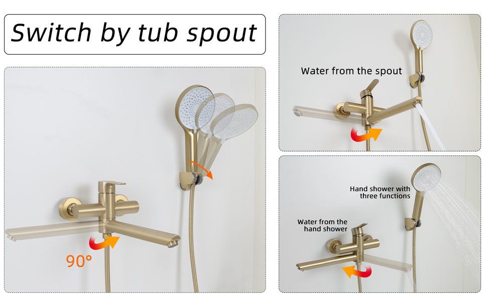 Набір змішувач для ванни PHASAT з витяжною лійкою, чорний, настінний монтаж, PTBB13E (довга лійка, матовий золотий)