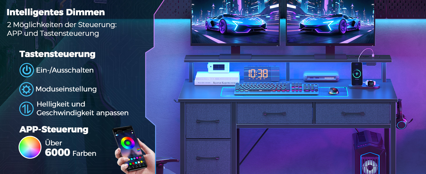 Комп'ютерний стіл Seventable з розетками та LED-підсвічуванням, 100 см, ігровий стіл з 5 ящиками та підставкою для монітора, для офісу, робочого кабінету, спальні, вітальні, чорний