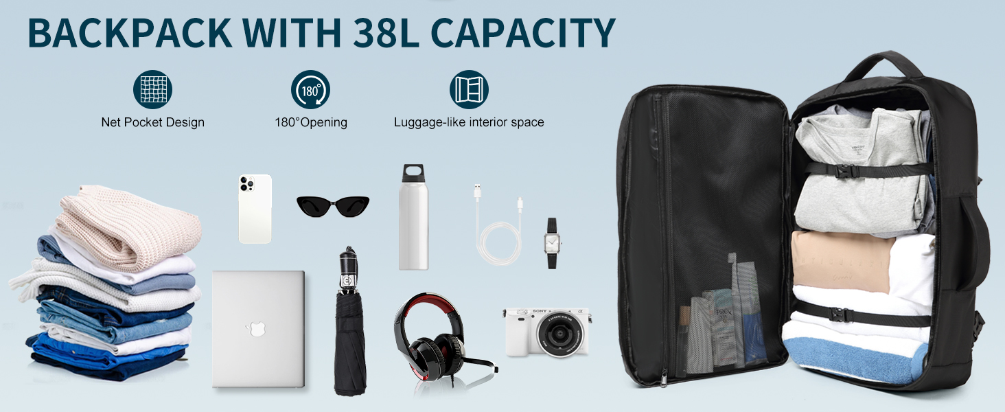 KONO Рюкзак для ручної поклажі в літак, великий, водонепроникний, 55 x 35 x 20 см, 38L, Cyangrau