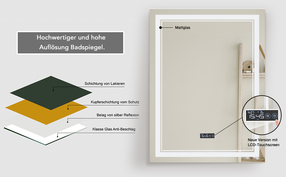 Дзеркало для ванної кімнати Puchika з підсвічуванням LED, 50x70 см, настінне, диммер, 3 кольори світла (3000-6400K), IP44, A+, сенсорне керування, антизапар