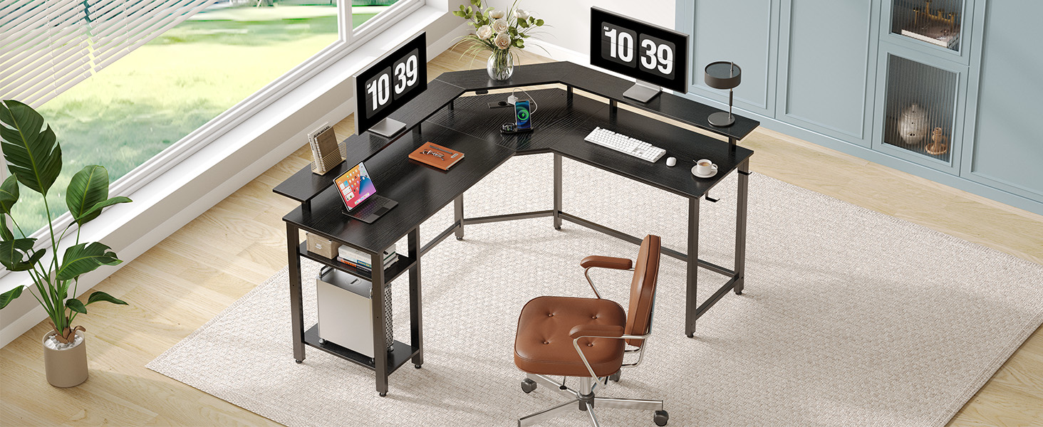 Комп'ютерний стіл Rolanstar L-подібний з RGB підсвічуванням та розетками, реверсивний кутовий стіл для геймінгу з полицею та 2 гачками, для офісу, робочого кабінету, спальні (Чорний, 117см), Чорний 137 x 117x 87см