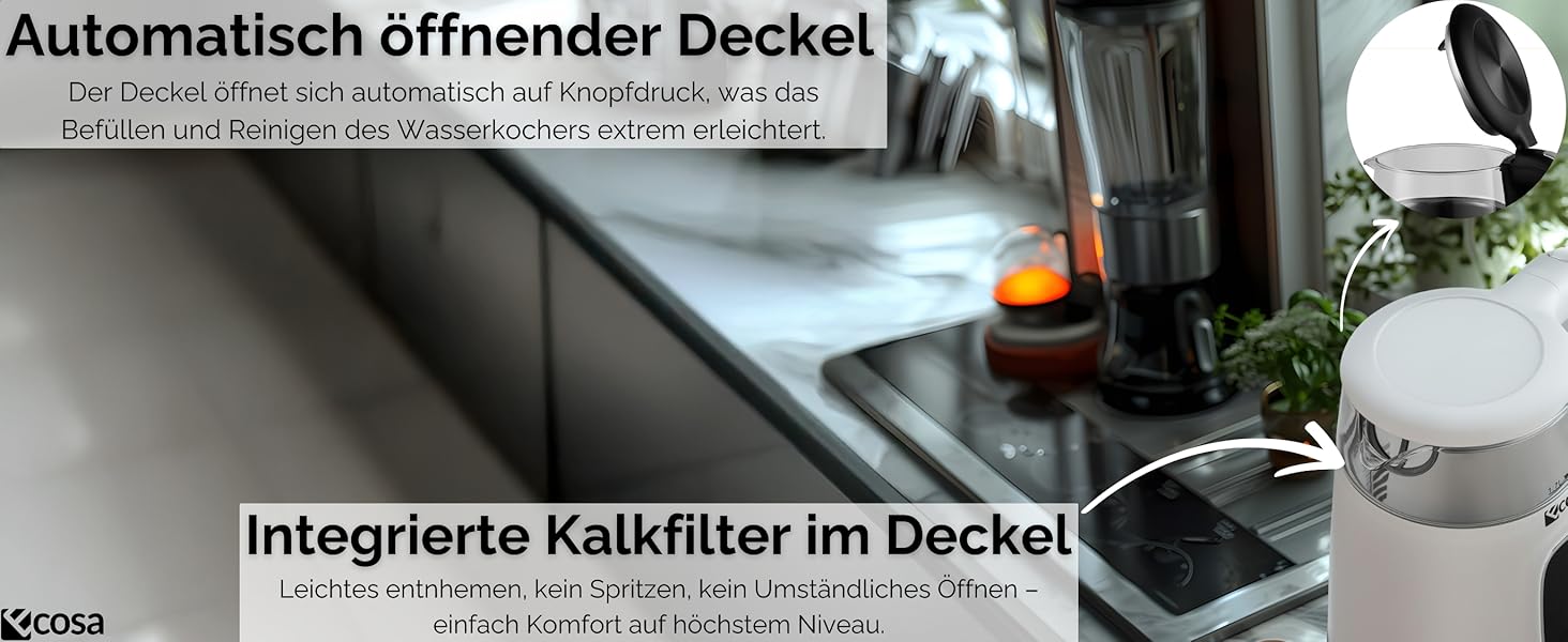 Електрочайник Ecosa® зі скляною колбою та регулюванням температури, 1.7 л, 2200 Вт, не містить BPA, з підігрівом та LED-підсвічуванням (Woldo White)