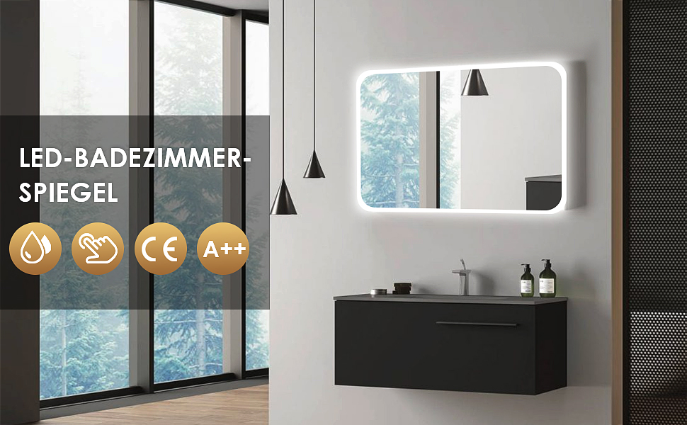 LED дзеркало для ванної кімнати з підсвічуванням 70x50 см, холодне біле світло 6000K, енергозберігаюче