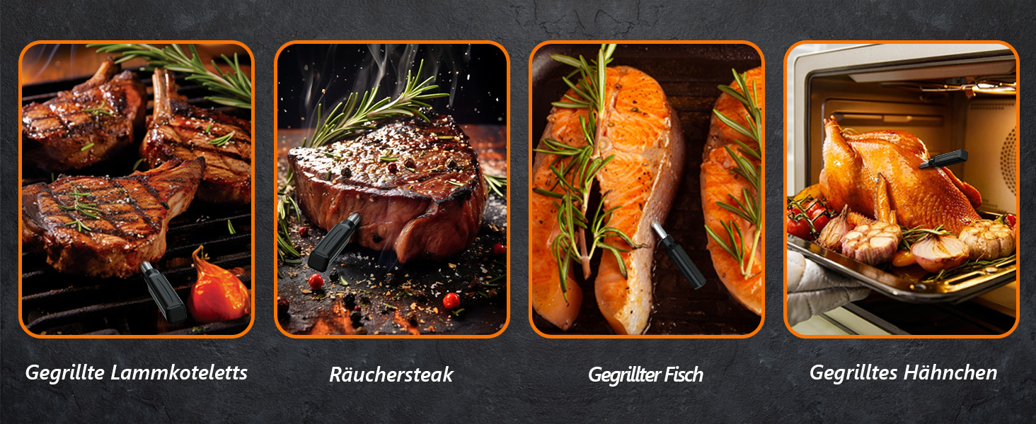 Бездротовий термометр для м'яса AIRMSEN з LCD-дисплеєм, водонепроникний (IPX8), для приготування на грилі, в духовці та BBQ, Bluetooth, 150м, керування через додаток, керамічна ручка, для гриля, духовки та BBQ, колір: дерево