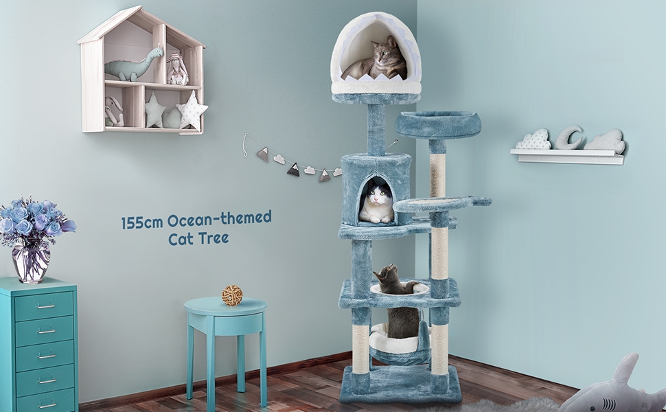 Кігтеточка для котів Yaheetech Sea Cat Tree 155 см, дизайн океану з котячою печерою у формі акулячої пащі Котяче ліжко Підвісний кошик платформа, стійке дерево для скелелазіння для котів, синьо-біле