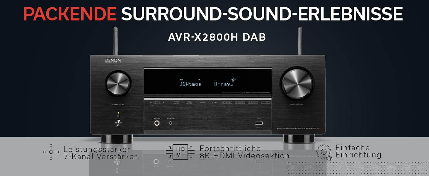 Ресивер, Dolby Atmos, DTSX, 8K HDMI, Bluetooth, DAB, WLAN, Alexa, чорний, 2800HDAB 7.2 AV