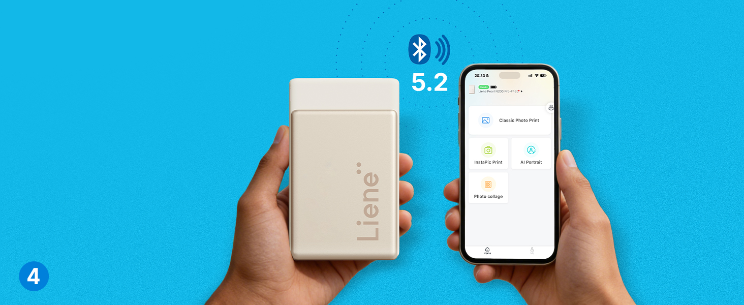 Портативний міні-фотопринтер Liene Pearl N200 Pro з кольоровою сублімацією, 50 фото (5x7,6 см), 5 стрічок, Bluetooth, 300 dpi, для iPhone & Android, акумулятор, золотий колір