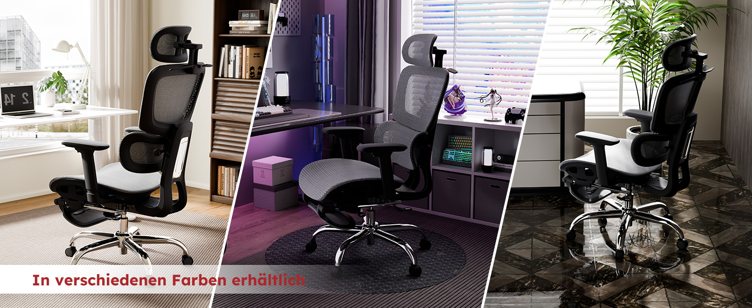 Ергономічне крісло для офісу Voll-Mesh з підголівником, підставкою для ніг, регульованою спинкою, підлокітниками, саморегульованою поперековою підтримкою, PU-колесами, поворот на 360°, 150 кг, темно-сірий