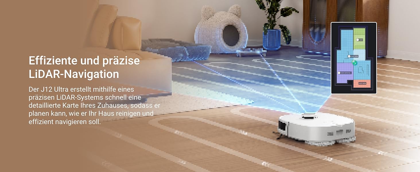 Робот-пилосос EUREKA J12 Ultra з функцією миття підлоги (самостійне очищення, прання та сушка), потужність всмоктування 5000Pa, обертова функція миття, Dual-LiDAR навігація, 3D уникнення перешкод, білий