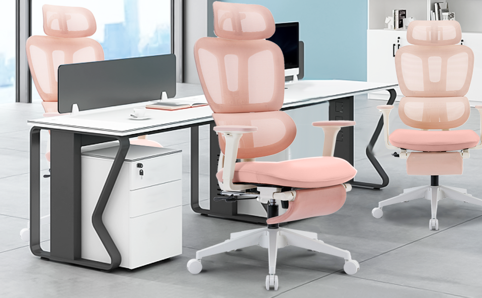 Ергономічне крісло для офісу з підніжкою, висока спинка, 2D-підголівник, відкидні підлокітники, сидіння з губки, сітчастий крісло для офісу, крісло для начальника, комп'ютерне крісло для дорослих (рожеве)