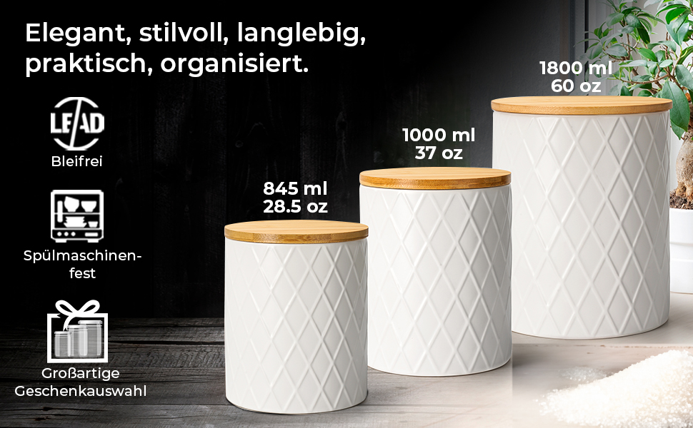 Набір з 3 вазок для зберігання Miamio Palmanova, кераміка з дерев'яним кришкою, білий колір