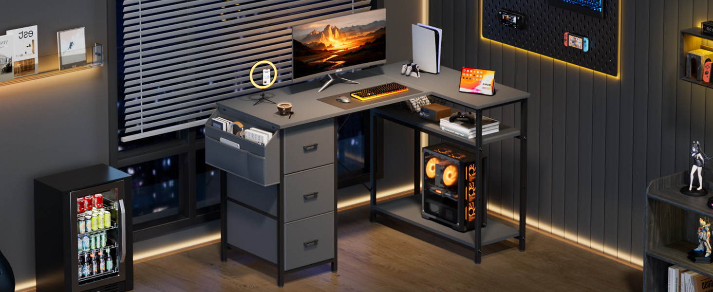 Комп'ютерний стіл HLONONE L-подібний з 3 ящиками для тканини, з полицями та бічною кишеню, для офісу, геймінгу та дому, білий (120 x 80 см, сірий)