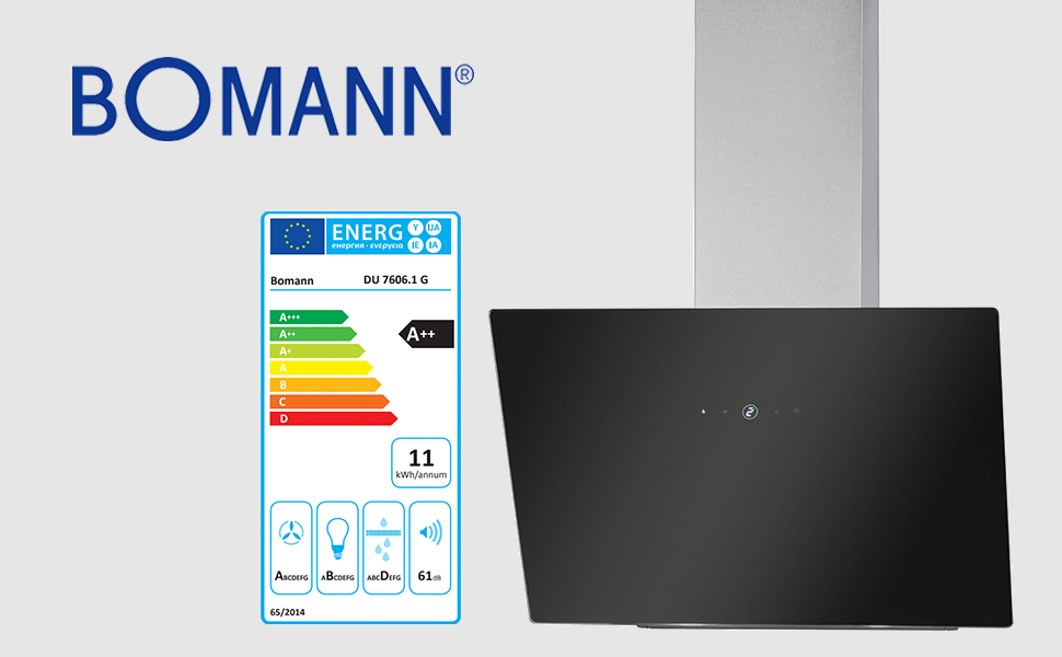 Витяжка кухонна Bomann DU 7606.1 G 60 см, з безщітковим DC-двигуном, режими рециркуляції та відведення повітря, 9 рівнів швидкості, тиха