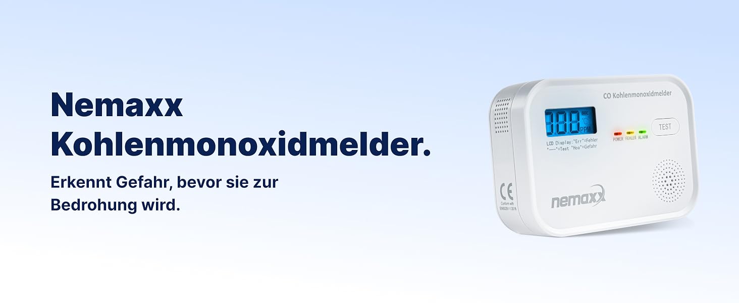 Детектор чадного газу NEMAXX® CM18 з LCD-дисплеєм, електрохімічний сенсор, 85 дБ, стандарт EN 50291-1:2018, термін служби 10 років