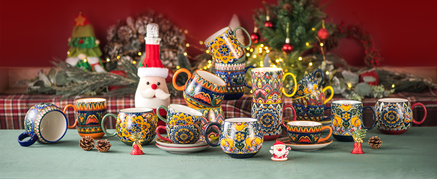 Набір кавових чашок Henten Home з порцеляни, 6 шт., 250 мл, ручної роботи, для 6 осіб (250 мл чашки, 400 мл підставки)