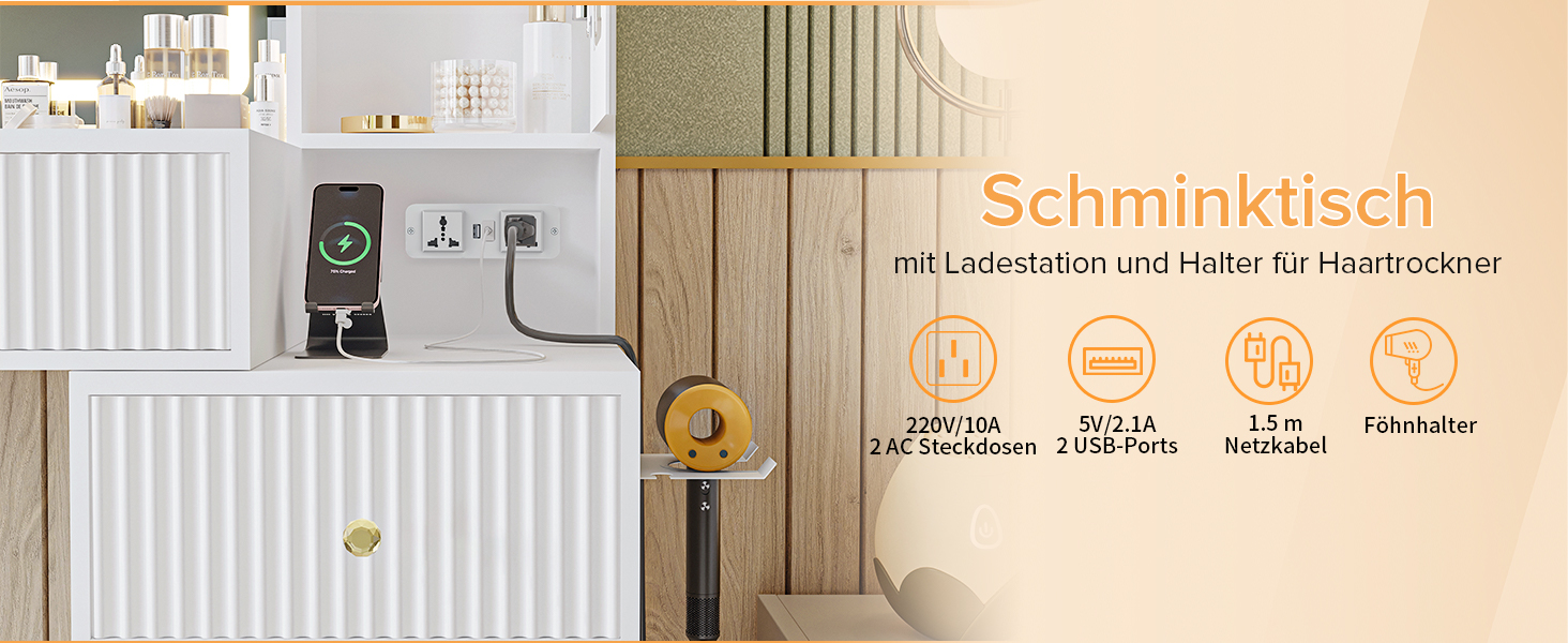 Дзеркальний туалетний столик Belife з підсвічуванням та 7 шухлядами, з розеткою та 3 кольорами світла для спальні (V3)